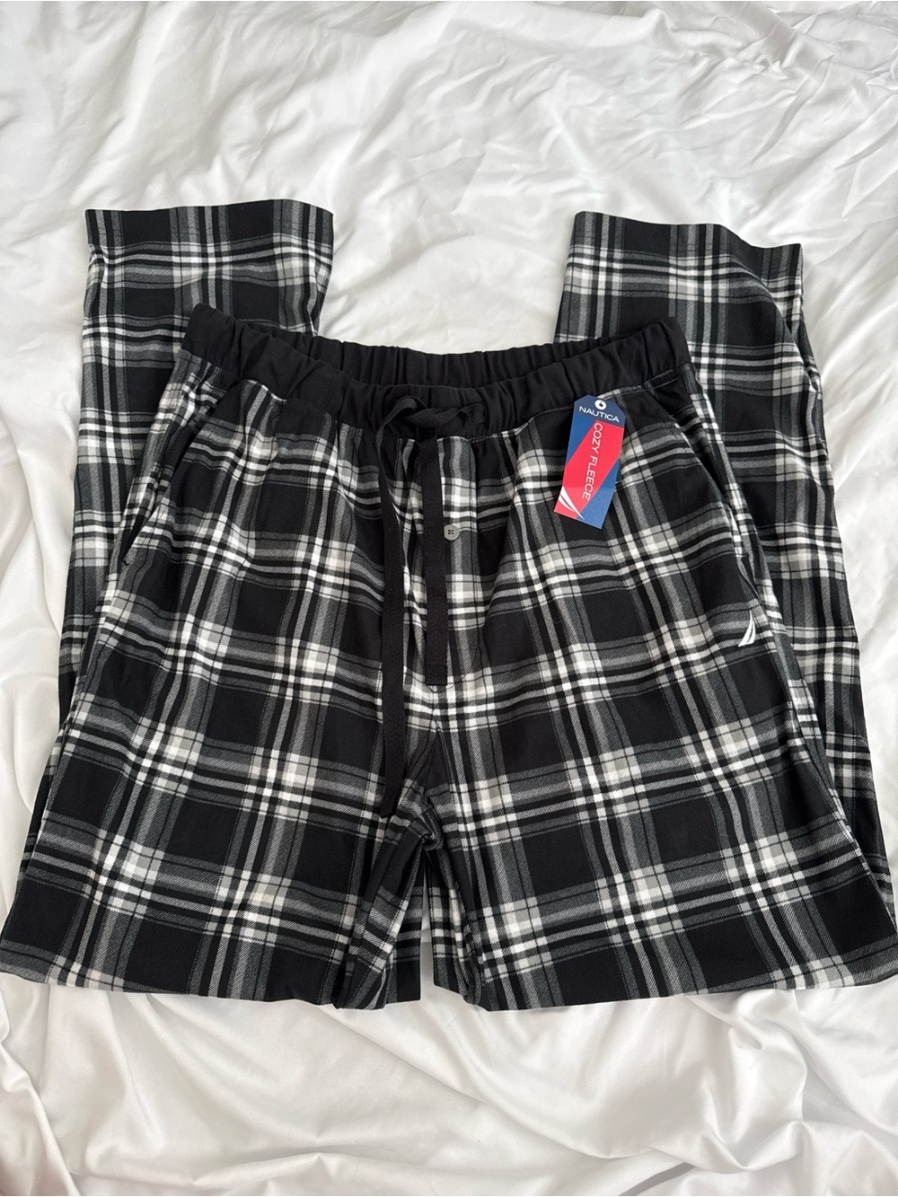 Nautica Black & White Plaid Lounge Joggers with Drawstring Waist